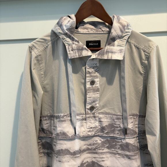 Marmot Pullover Mens Medium Gray Hooded Lightweight Anorak Jacket Mountain Print - Picture 3 of 16